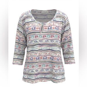 LULU--B WOMENS BLOUSE SIZE XL WHITE WITH MULTICOLORED DESIGN